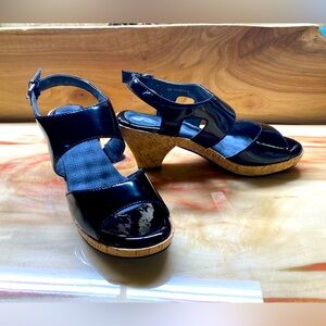 Soft Walk Black Patent Leather Cork Platform Sandal